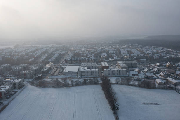 aerial landscape of small village covered with fresh snow. poland - pomorskie province imagens e fotografias de stock