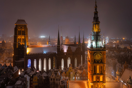 Night scenery of the Main Town of Gdansk after the snowfall, Poland