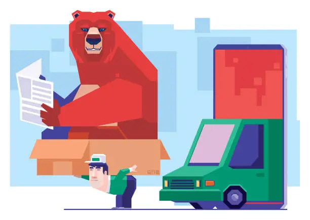 Vector illustration of courier carrying bear on carton and leaving delivery van on smartphone