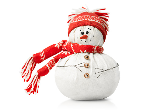 snowman in a red hat and scarf on a white isolated background