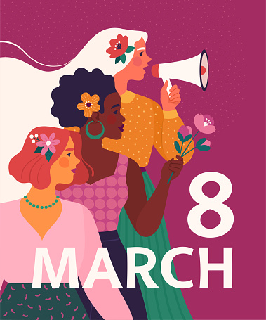 Vector cartoon illustration for International Women's Day in a modern flat style of three diverse women in profile. Isolated on bright magenta background