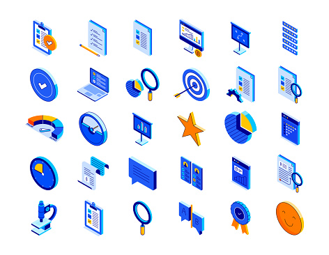 Assessment Isometric Icon Set and Three Dimensional Design. Review, Analysis, Test, Verification, Online Survey, Rating, Inspection, Examination, Evaluation, Report, Search, Consent, Measure.