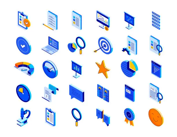 Vector illustration of Assessment Isometric Icon Set and Three Dimensional Design. Review, Analysis, Test, Verification, Online Survey, Rating, Inspection, Examination, Evaluation, Report, Search, Consent, Measure.