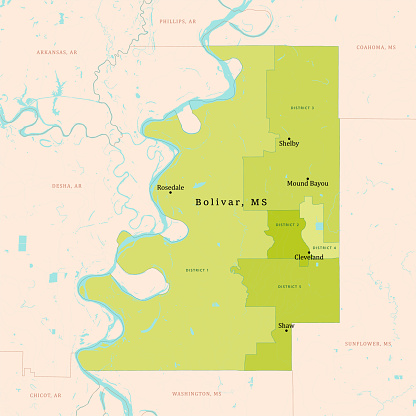 MS Bolivar County Vector Map Green. All source data is in the public domain. U.S. Census Bureau Census Tiger. Used Layers: areawater, linearwater, cousub, pointlm.