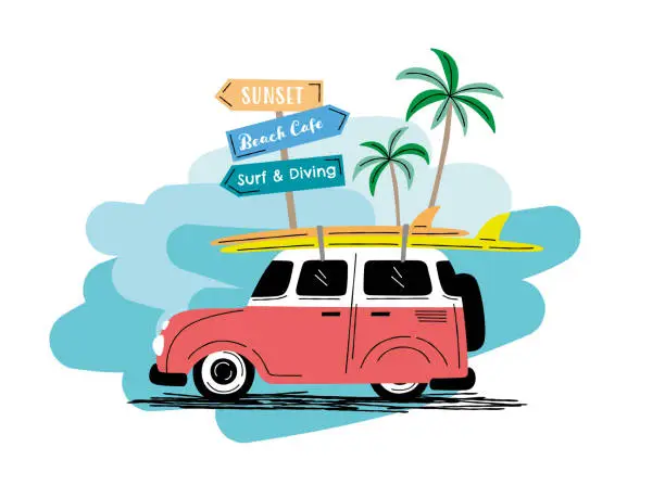 Vector illustration of Car with surfboard