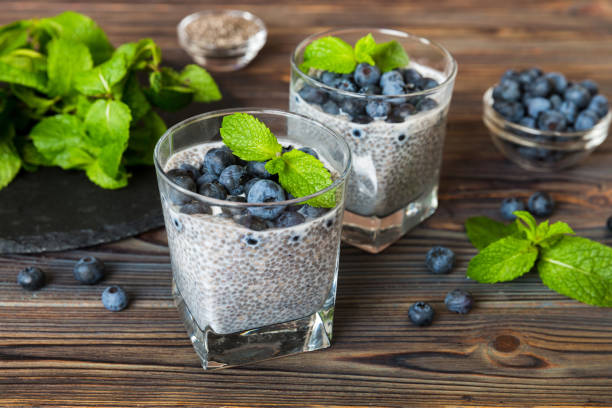 istock Healthy breakfast or morning with chia seeds vanilla pudding and blueberry berries on table background, vegetarian food, diet and health concept. Chia pudding with coconut milk and blueberry 1450270438