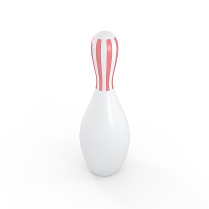 Standing white bowling pin with red vertical line around its neck. 3d illustration of bowling pin.