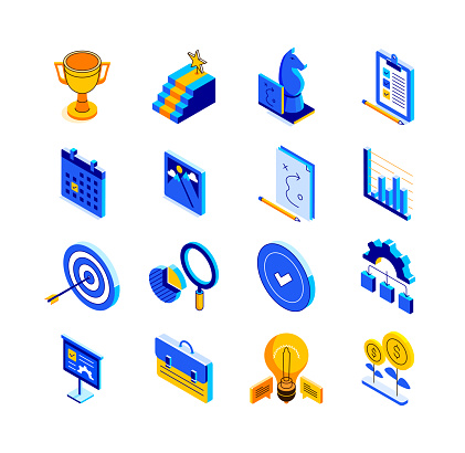 Action Plan Isometric Icon Set and Three Dimensional Design. Strategy, Teamwork, Partnership, Planning, Workflow, Meeting, Act, Motivation, Schedule, Team, Process, Collaboration, Analysis, Team Spirit.