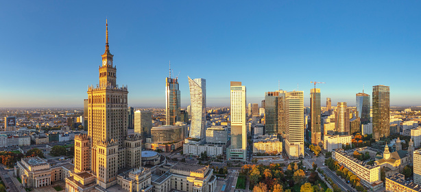 Aerial view of Warsaw city in Poland during sunrise