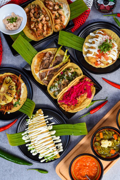istock Tacos with sauces on gray background top view closeup 1450271042