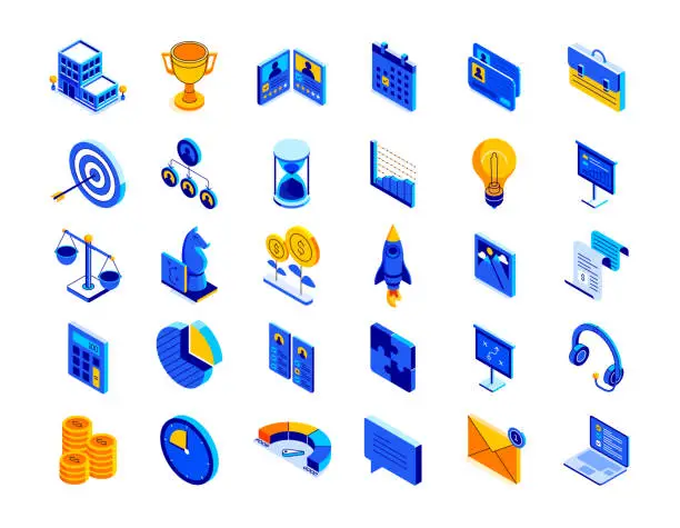 Vector illustration of Business Isometric Icon Set and Three Dimensional Design. Businessman, Businesswoman, Teamwork, Partnership, Agreement, Human Resources, Office, Collaboration, Leader, Team, Mission.