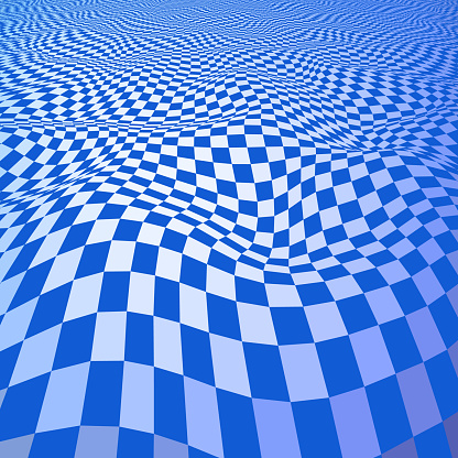Blue checked 3D surface of warped squares, with perspective