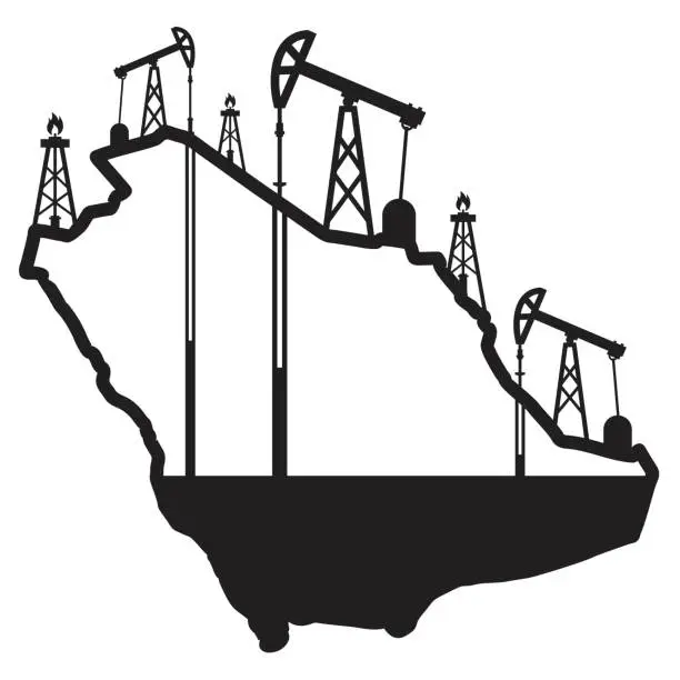 Vector illustration of Oil of Saudi Arabia. Oil production. Saudi Oil. Oil rigs all over the country. Export of oil from Saudi Arabia.