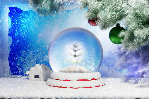Christmas background with Christmas ball and pine tree. 3D render illustration.