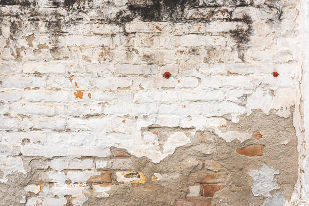 istock Old brick wall facade texture with white paint peeling off the surface as background 1450276924