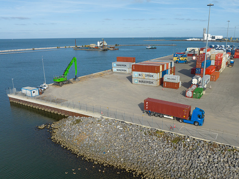 Container terminal CTU Flevokust on the IJsselmeer shore near Lelystad in Flevoland, Netherlands seen from above.