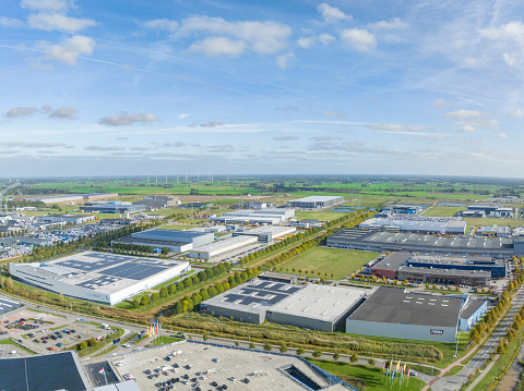 Industrial estate Hessenpoort in Zwolle seen from above with various warehouses, factories and distribution depots.