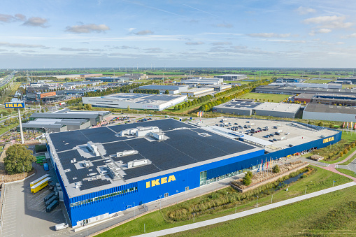 IKEA store in Zwolle, The Netherlands. The Swedish IKEA brand designs and sells ready-to-assemble furniture for homes and offices, appliances and home accessories.