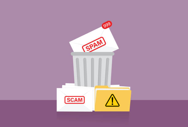ilustraciones, imágenes clip art, dibujos animados e iconos de stock de eliminar spam y correos electrónicos fraudulentos en la papelera - spam