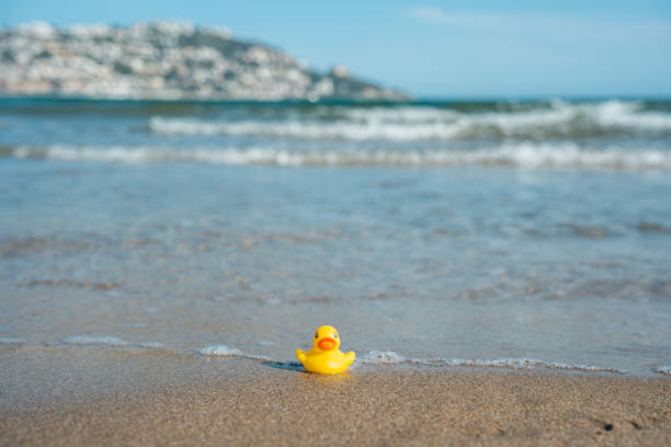 istock Yellow rubber duck on the beach, rubber ducky 1450279466