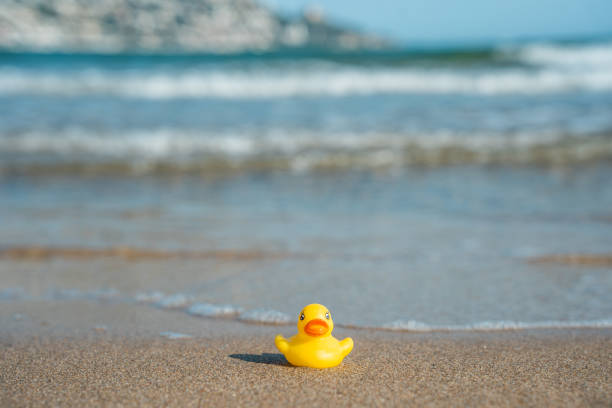 istock Yellow rubber duck on the beach, rubber ducky 1450279475