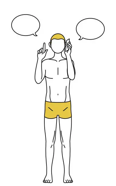 Vector illustration of Hair removal and Men's esthetics image, A man in underwear pointing while on the phone.