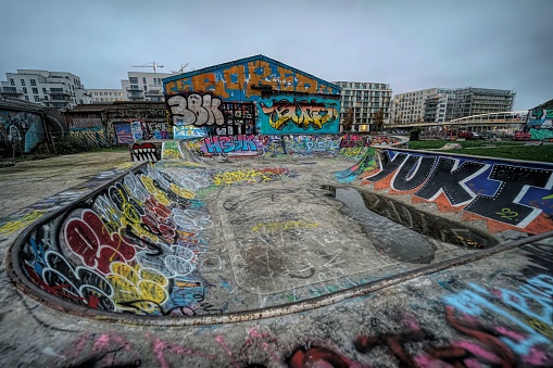 Dresden, Germany – September 2, 2023: Buildings and graffitis in Neustadt, Dresden, Germany.