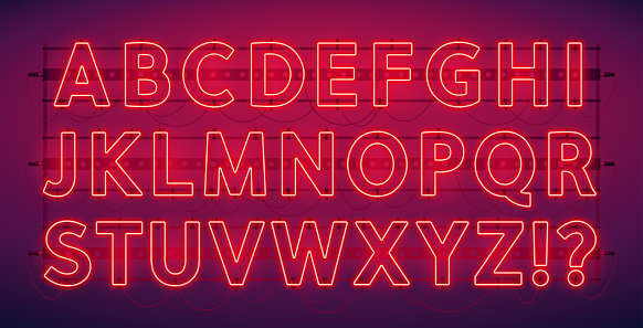 Glowing Red Neon Alphabet. Stock vector typeface for any typography design.