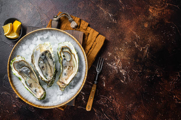 istock Opened Fresh oysters with lemon and ice in a plate. Dark background. Top view. Copy space 1450281912