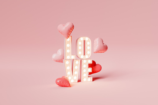 luminous sign with the word LOVE on red background with hearts balloons around. concept of love, valentine, holiday and gifts. 3d rendering