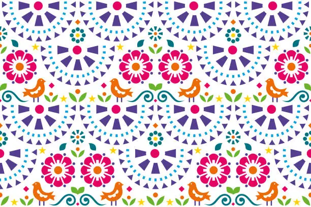 Vector illustration of Mexican folk art style vector seamless pattern with birds, flowers and leaves, repetitive vibrant ornament