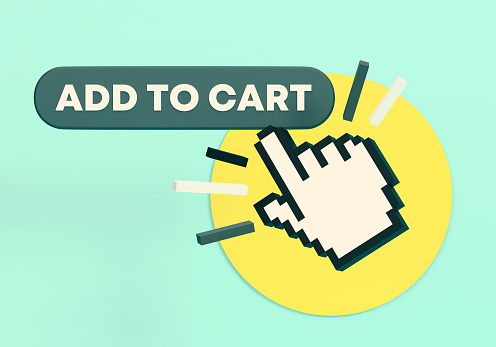 Add To Cart Push Button And Cursor Hand On Blue Background