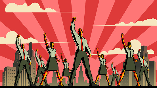 A retro propaganda style vector illustration of a bunch of white collar workers raising fists in the air. Wide space available for your copy.