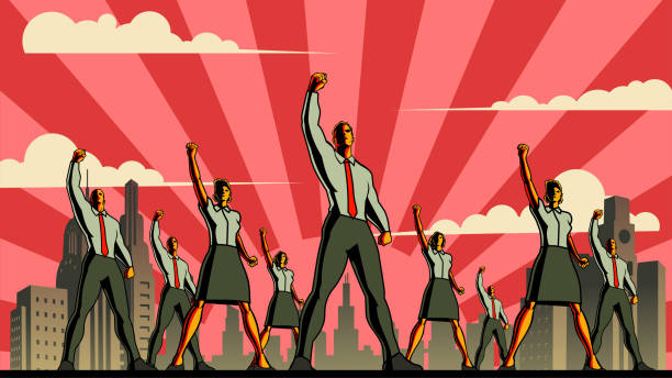 Vector Retro Propaganda Style Workers with Fist in the Air Stock Illustration A retro propaganda style vector illustration of a bunch of white collar workers raising fists in the air. Wide space available for your copy. american propaganda stock illustrations