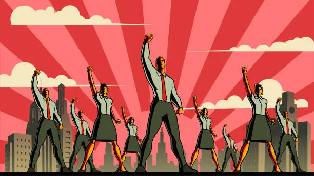 Vector illustration of Vector Retro Propaganda Style Workers with Fist in the Air Stock Illustration