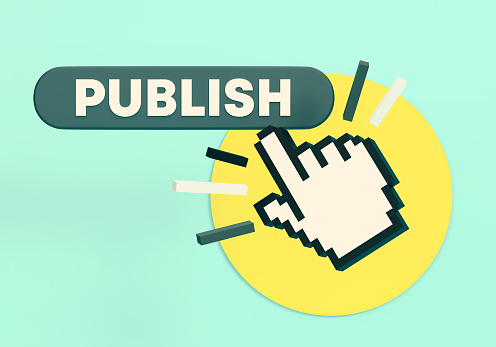 Publish Push Button And Cursor Hand On Blue Background