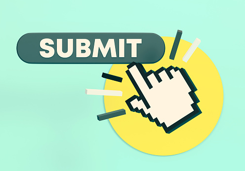 Submit Push Button And Cursor Hand On Blue Background