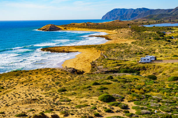 istock Coast view with camper rv camping on sea shore, Spain 1450290082