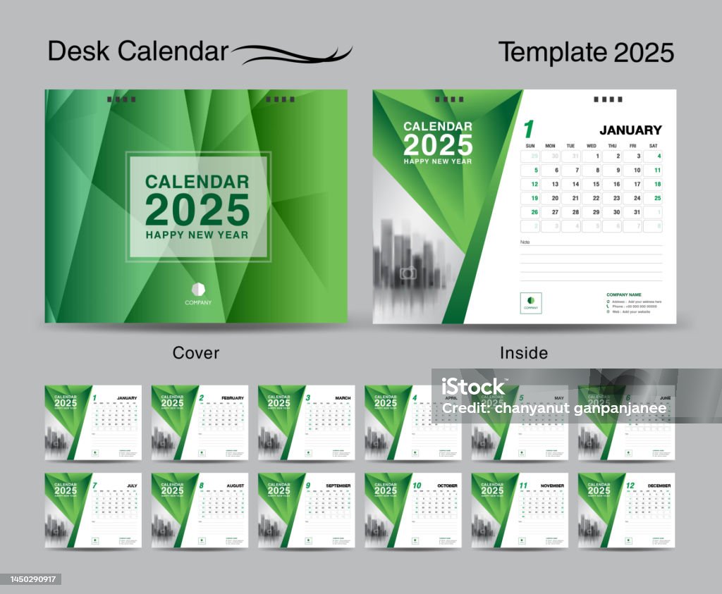 desk-calendar-2025-template-set-and-polygon-green-cover-design-set-of-12-months-creative