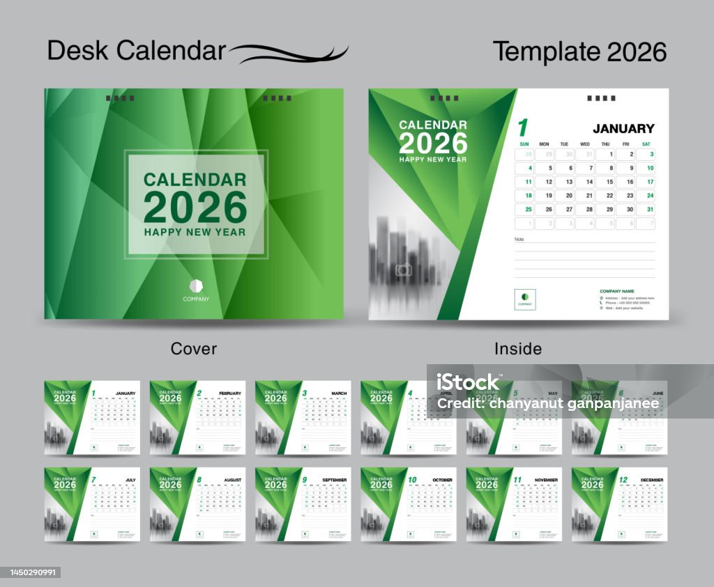 Desk Calendar 2026 Template Set And Polygon Green Cover Design Set Of ...