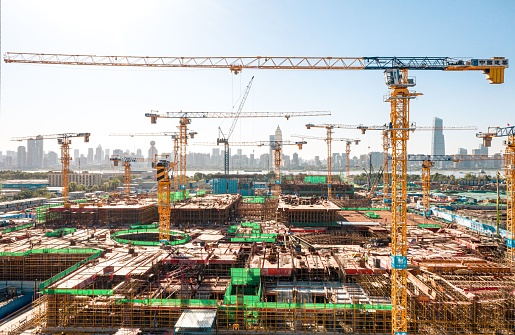 Wuhan, China – May 30, 2021: A busy construction site of Wuhan Greenland Center, many large buildings are springing up
