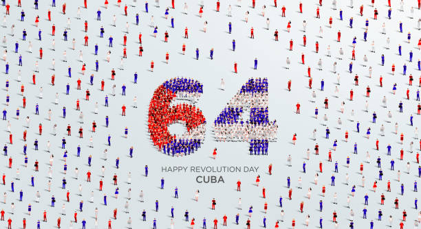 ilustrações de stock, clip art, desenhos animados e ícones de happy revolution day cuba design. a large group of people form to create the number 64 as cuba celebrates its 64th revolution day on the 1st of january. - 1950 1959