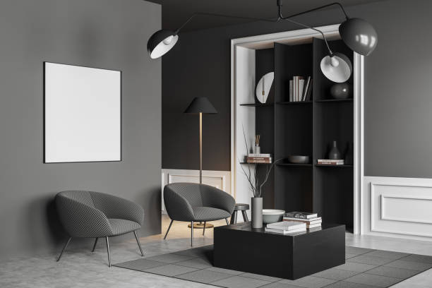 istock Grey relaxing interior with seats and shelf with decoration. Mockup frame 1450292906