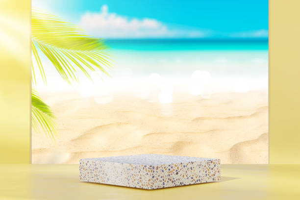 istock 3d podium with copy space for product display presentation on palm beach abstract background. Tropical summer and vacation concept. 1450293665