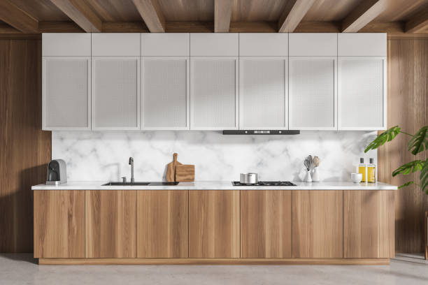 istock Wooden kitchen interior with sink, stove and minimalist kitchenware 1450293751