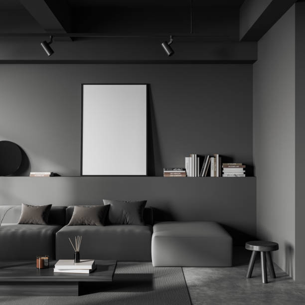 istock Front view on dark living room interior with empty poster 1450294120