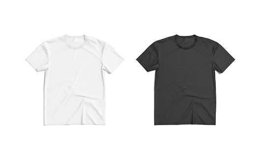Blank black and white t-shirt mockup flat lay, top view, 3d rendering. Empty textile wrinkled basic tee-shirt mock up, isolated. Clear male or female undershirt casual garment template.