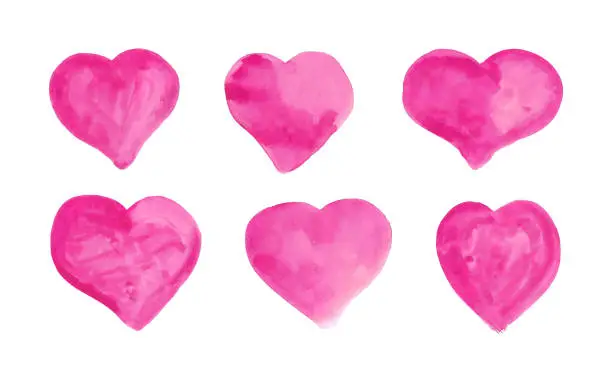 Vector illustration of Watercolor pink hearts set on white background.