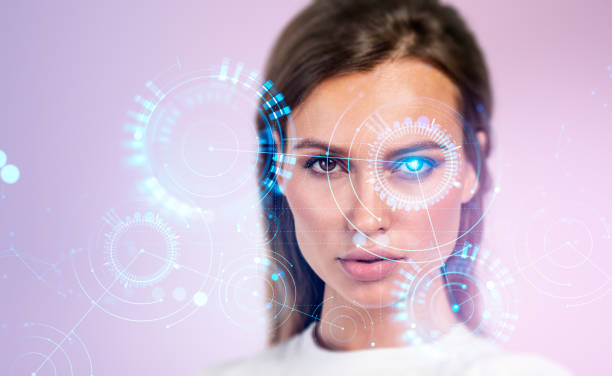 istock Businesswoman portrait, artificial intelligence and network circles hud 1450294868