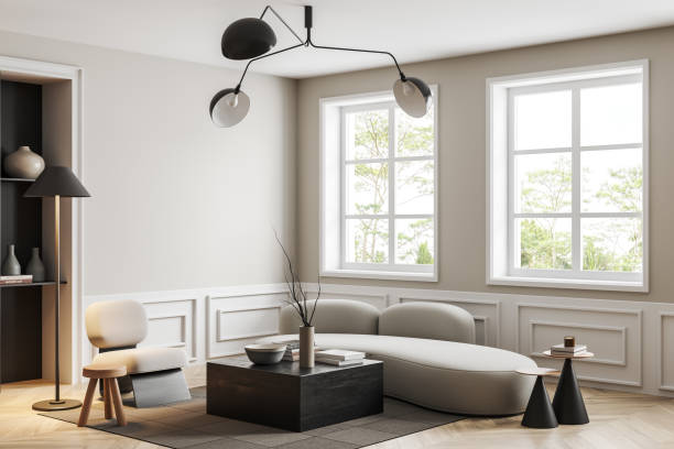 istock Light relaxing interior with couch and armchair with window. Mockup empty wall 1450295181